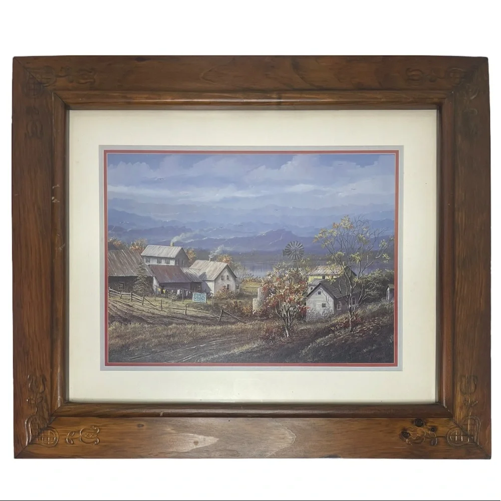 Vintage Picture Farmhouse Cottage Amish Country Hand Crafted Engraved Wood Frame